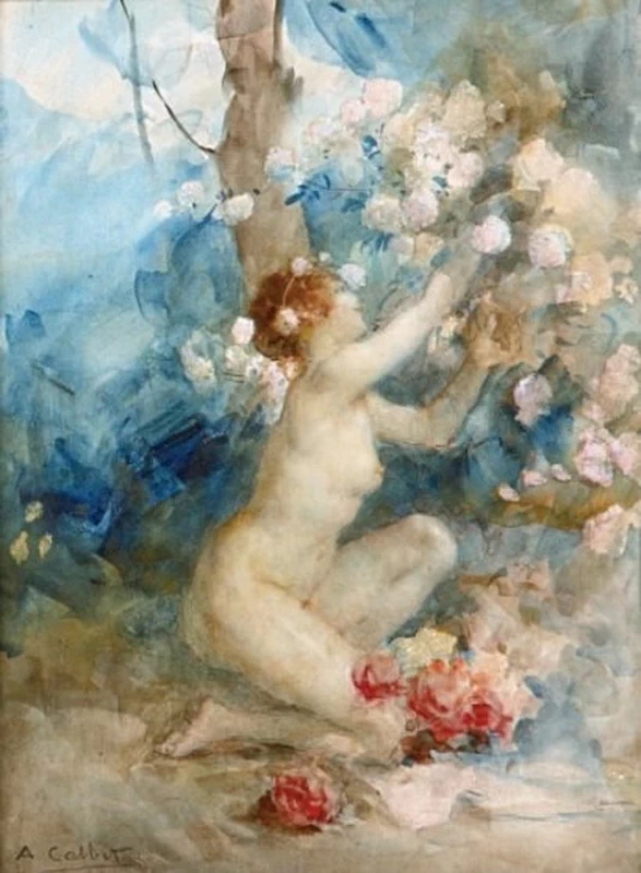 Nudo in ginocchio che raccoglie fiori